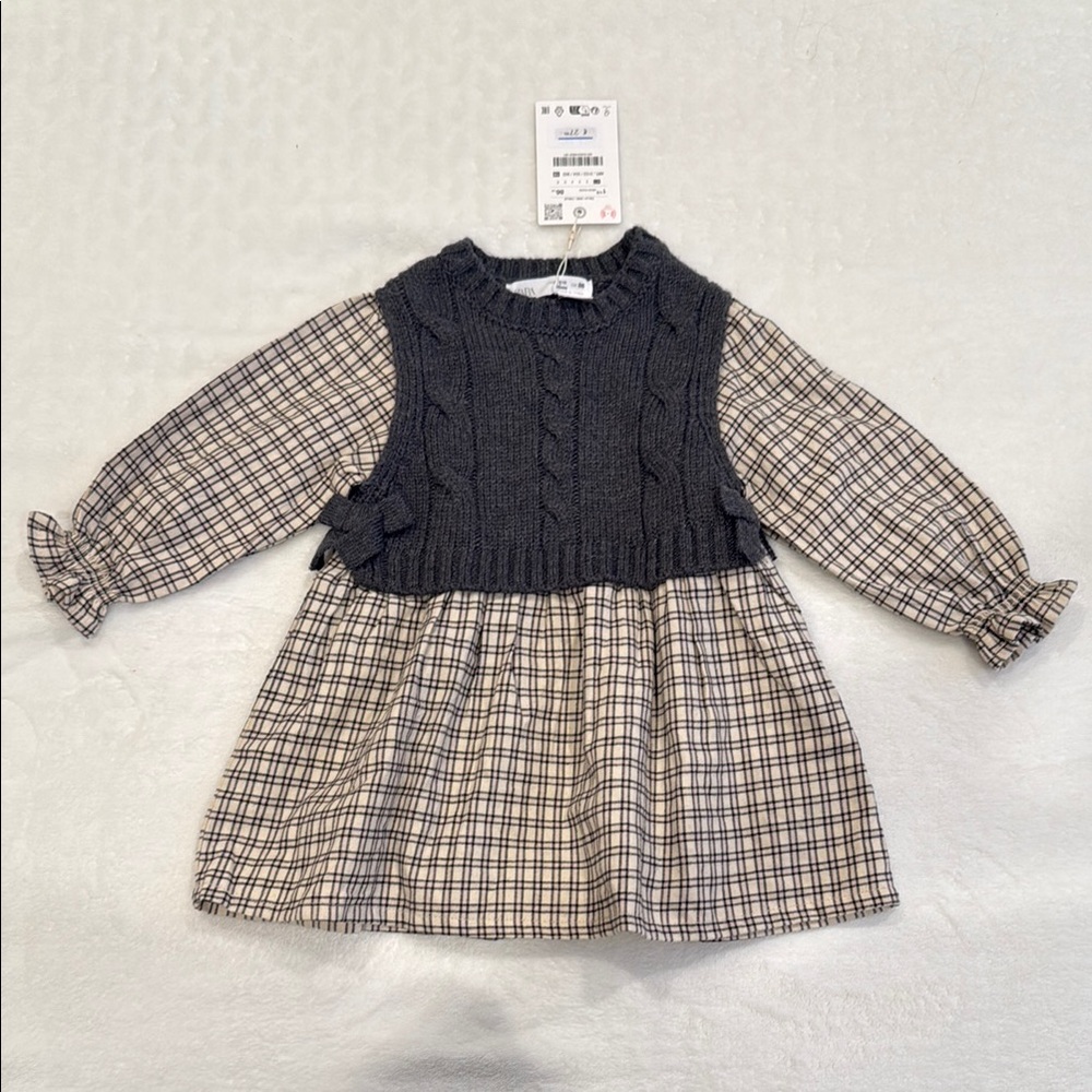 Zara Kids Knit Gray and Cream Plaid Dress